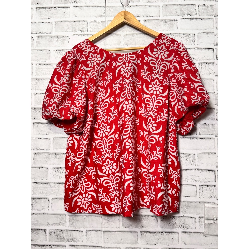 Skies Are Blue Ruby Top Red White Floral Puff Sleeve Tie Back Blouse Plus 1X NEW